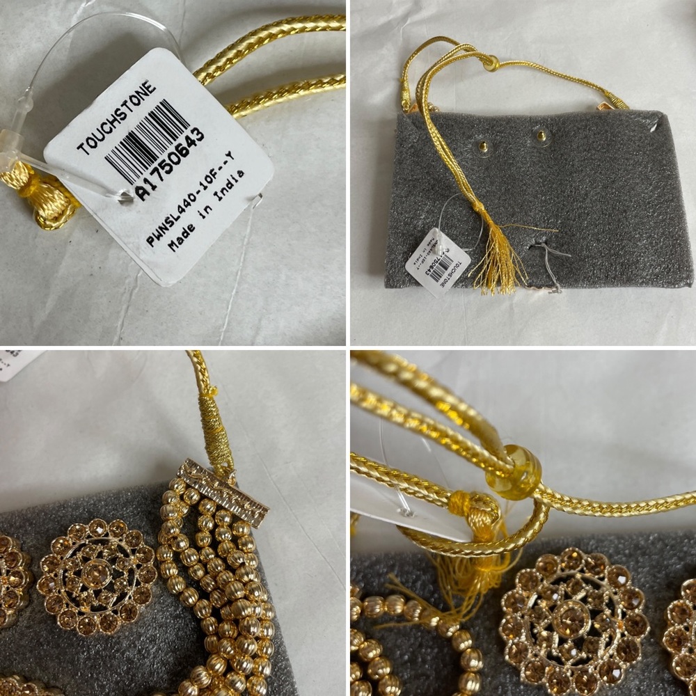 Touchstone Bollywood Yellow Rhinestone Gold Beaded Choker Necklace & Earrings - Picture 12 of 16